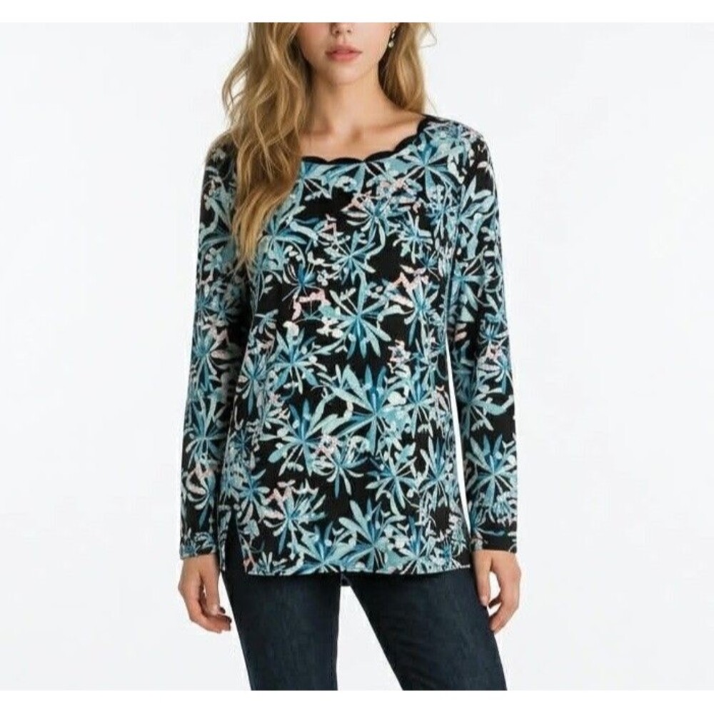Jaclyn Smith Women Floral Print Long Sleeve Scalloped Neck Top Size XL